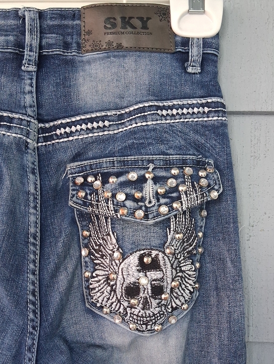 Sky Denim - Sky Denim Jeans with Studded Winged Skull Pocket